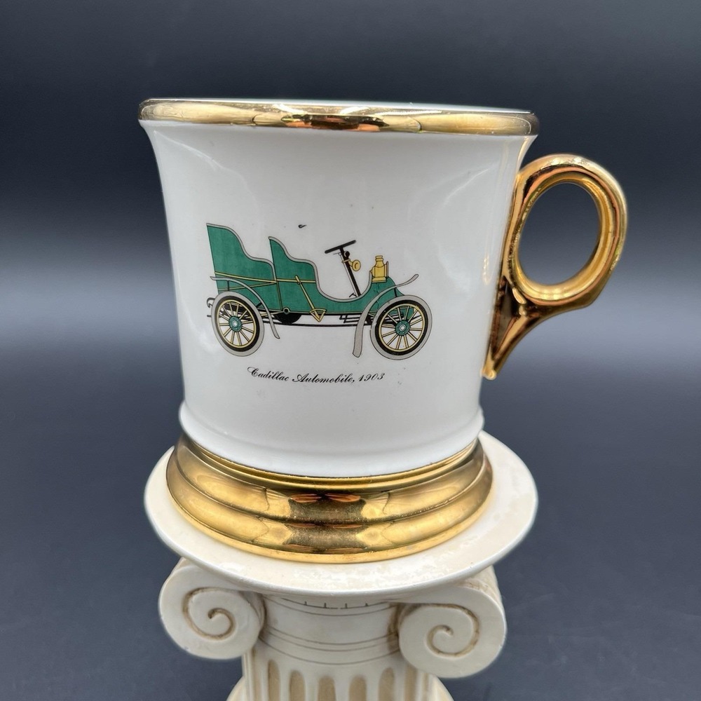 22K GOLD RIMMED ATLAS CO OLD AUTO SERIES SHAVING MUG MINT Ford 1896-Cadillac1903